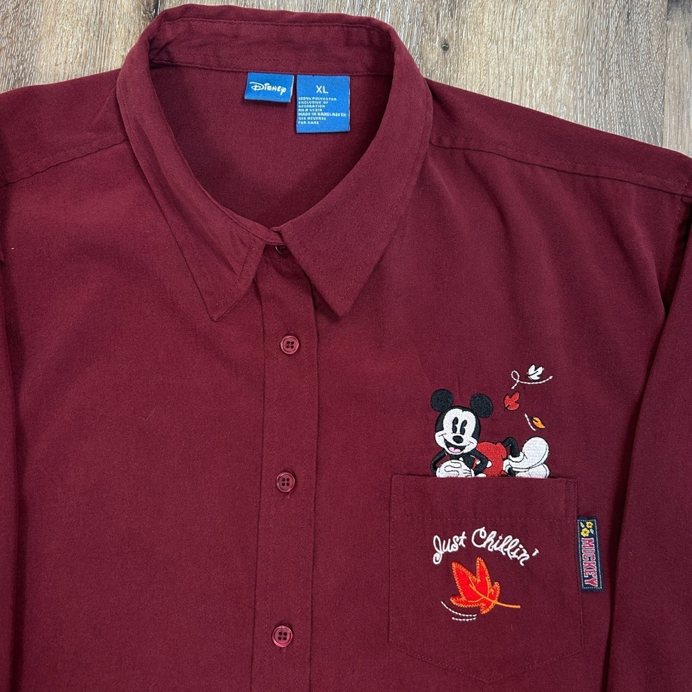 VTG Mickey Mouse Long Sleeve Disney Women's XL Maroon Embroidered Button Down